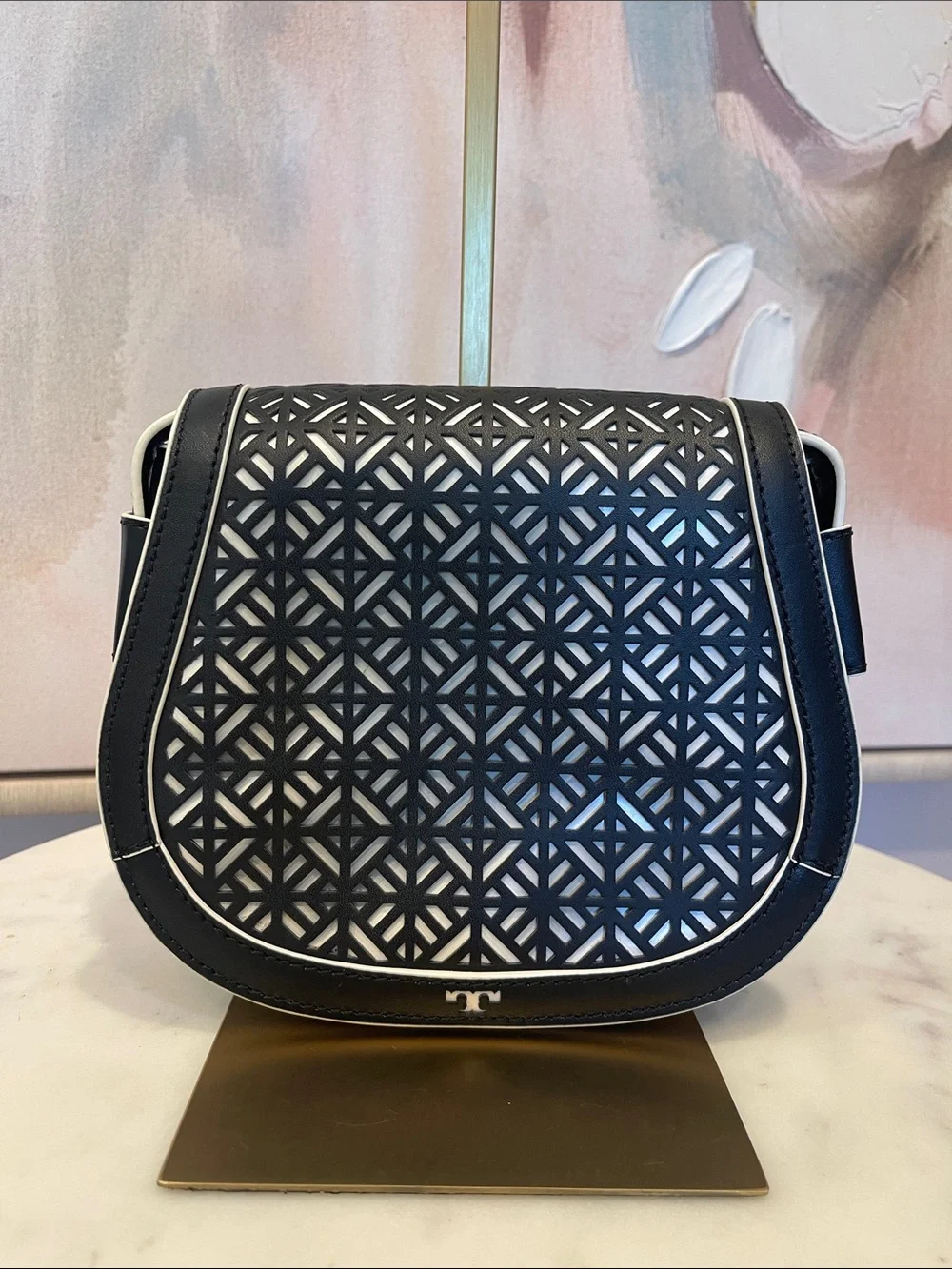 Tory Burch Black and White Laser-Cut Crossbody Saddle Bag